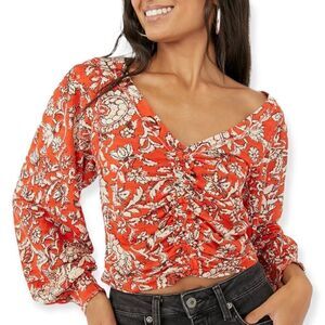 Free People NWT Red/White Floral Say The Word Ruched Long-Sleeve Top Size Small